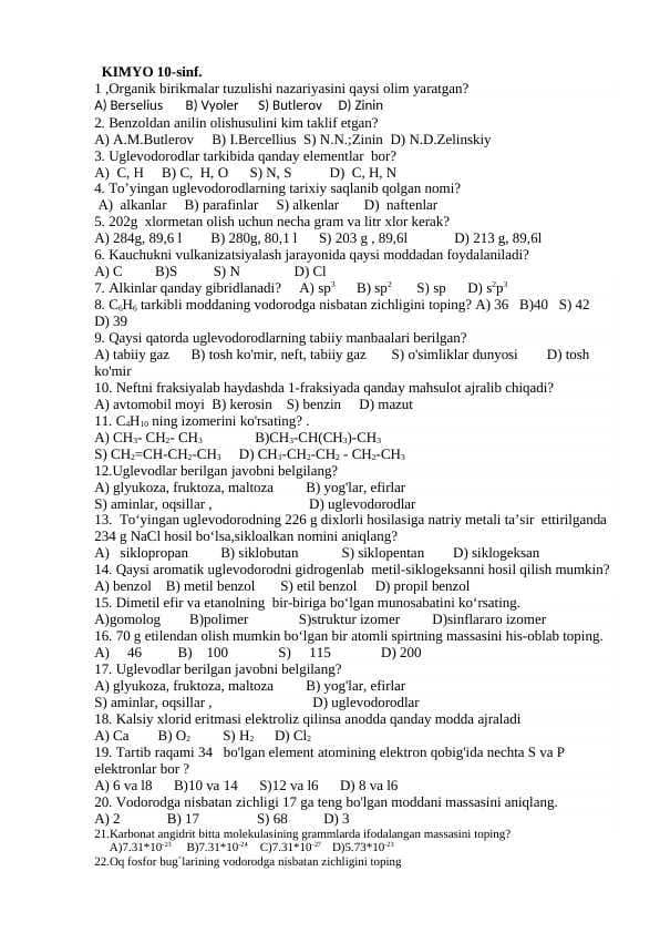 10-sinf.kimyo test