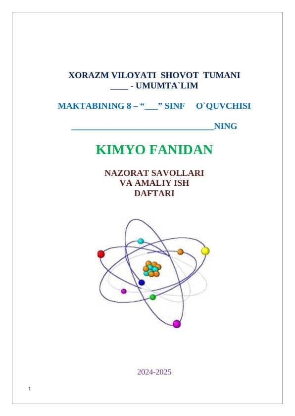 8-sinf kimyo nazorat ishi daftari 2025