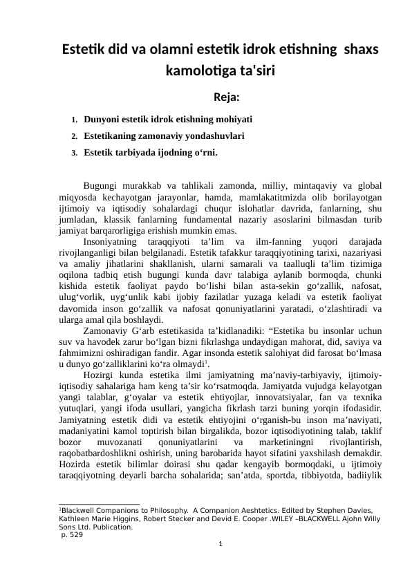 Estetik did va olamni estetik idrok etishning  shaxs kamolotiga ta'siri