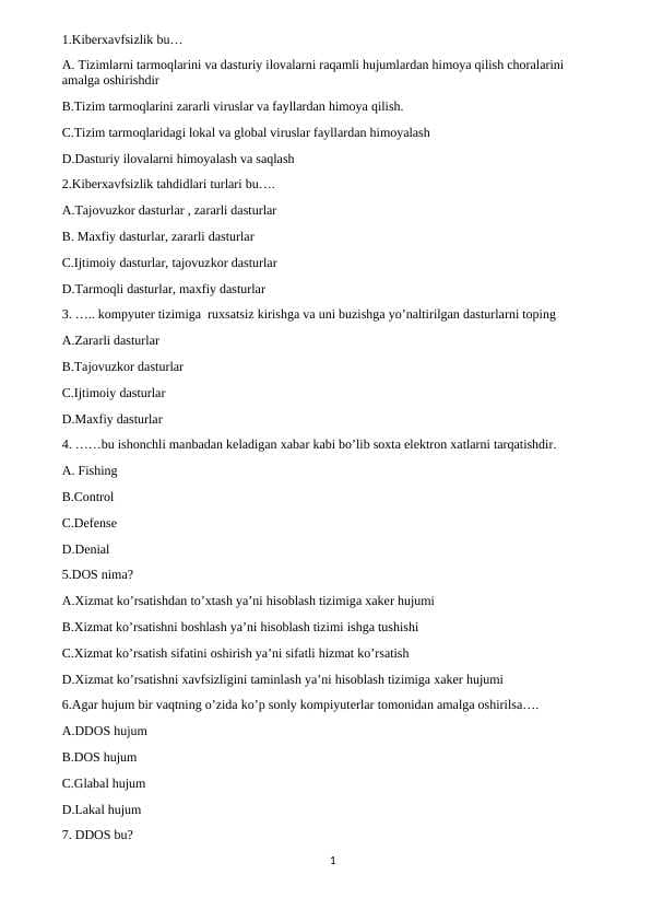 KIberxafsizlik 200 talik test savol javobi bilan