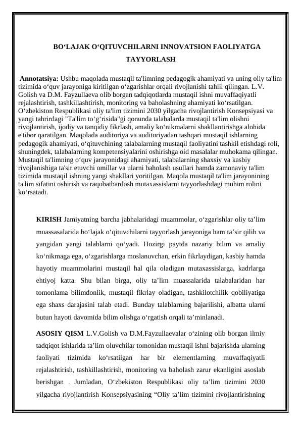 BO‘LAJAK O‘QITUVCHILARNI INNOVATSION FAOLIYATGA TAYYORLASH