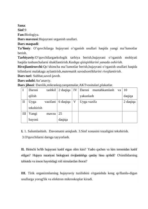 Hujayrani o'rganish usullari. dars ishlanma