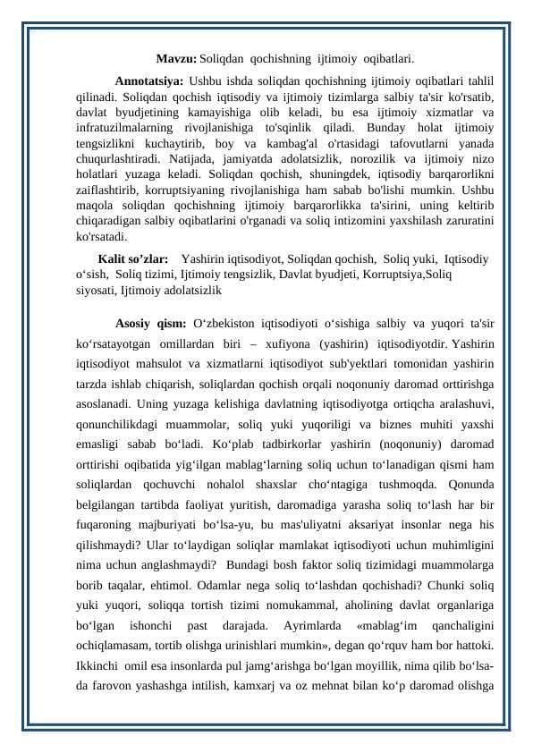 Soliqdan  qochishning  ijtimoiy  oqibatlari.