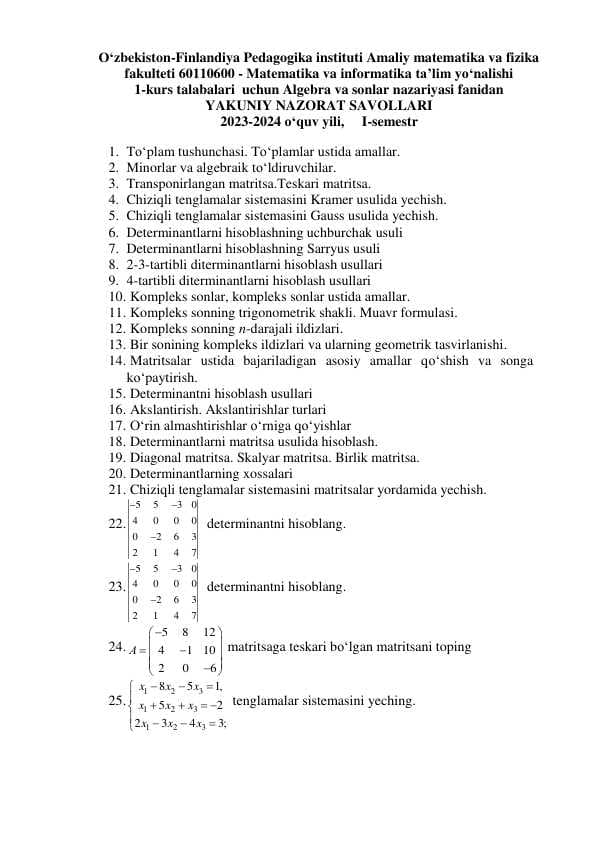 1 kurs Algebra yakuniy savollar