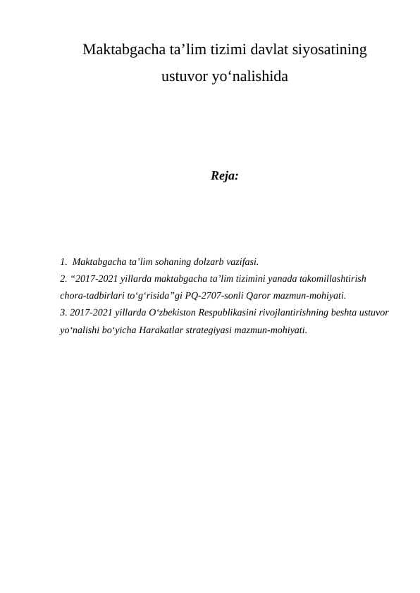 Maktabgacha ta'lim tizimi davlat siyosatining ustuvor yo'nalishida