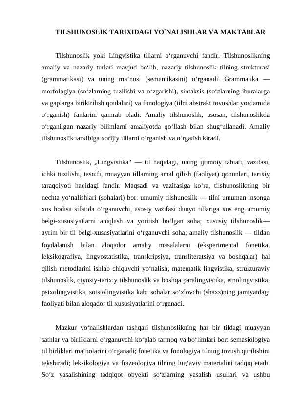 TILSHUNOSLIK TARIXIDAGI YO`NALISHLAR VA MAKTABLAR