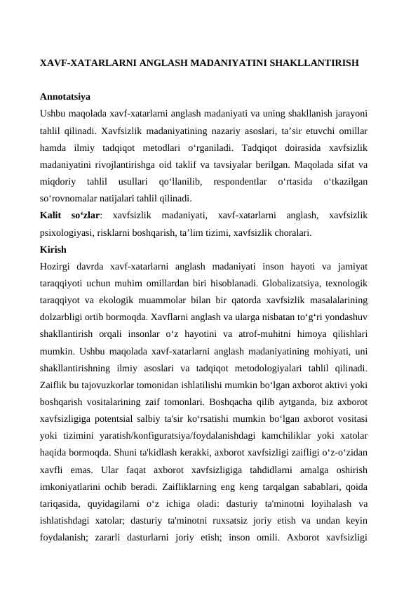 XAVF-XATARLARNI ANGLASH MADANIYATINI SHAKLLANTIRISH