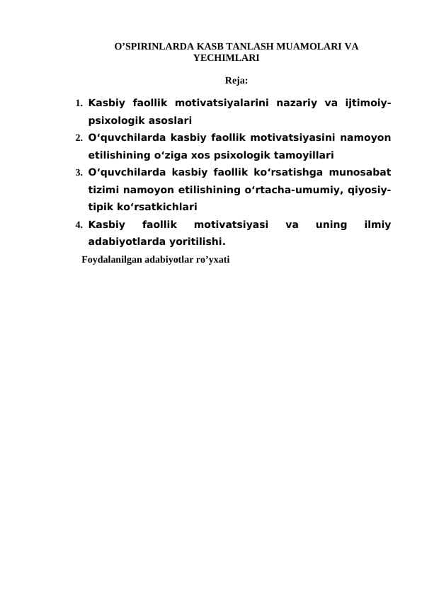 O’SPIRINLARDA KASB TANLASH MUAMOLARI VA YECHIMLARI