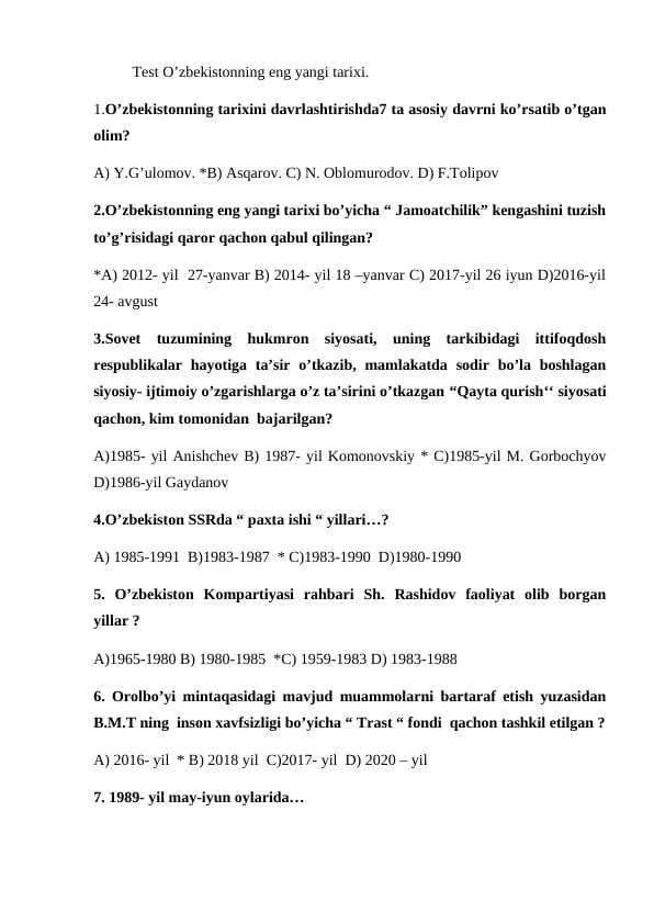 Test O’zbekistonning eng yangi tarixi