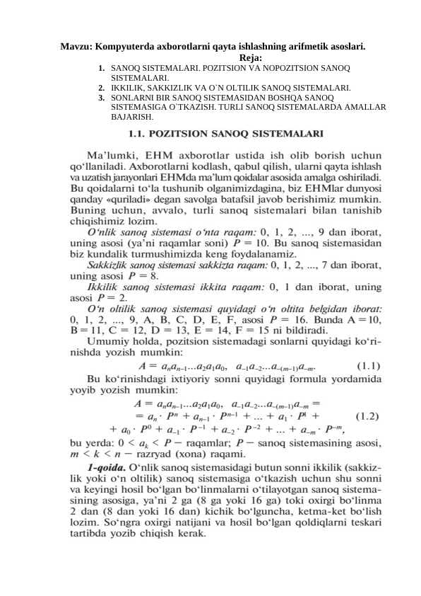 Kompyuterda axborotlarni qayta ishlashning arifmetik asoslari