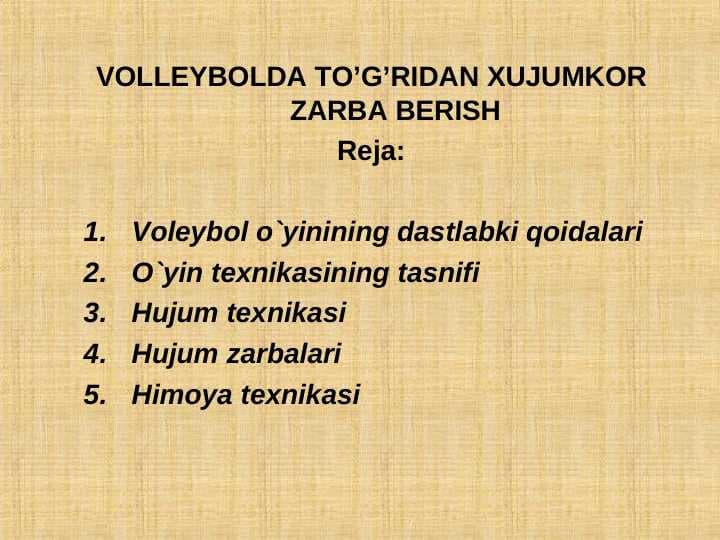 VOLLEYBOLDA TO’G’RIDAN XUJUMKOR ZARBA BERISH