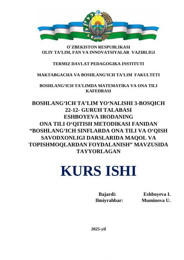 Boshlang‘ich sinflarda ona tili va o‘qish savodxonligi darslarida maqol va topishmoqlardan foydalanish