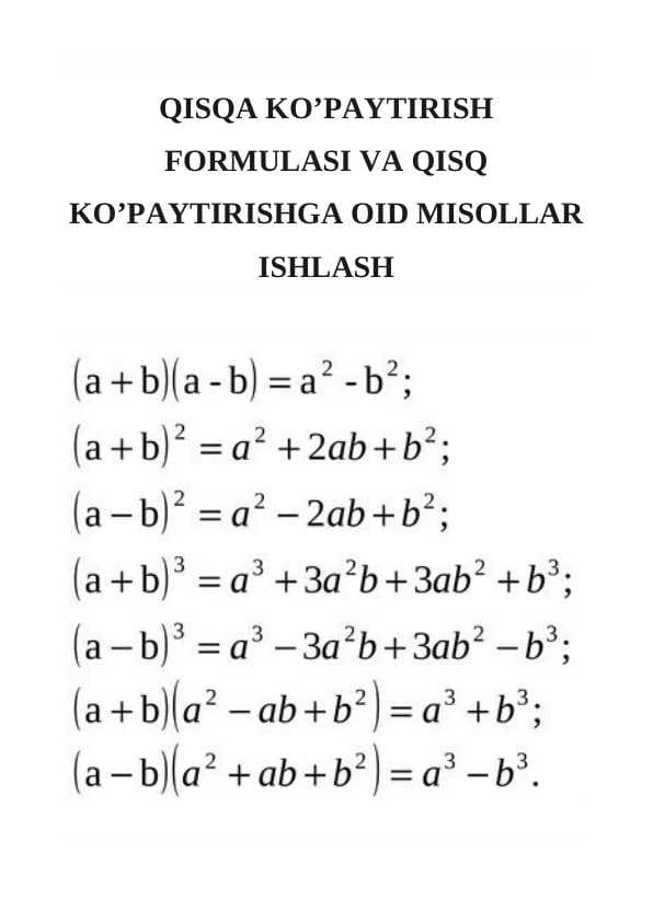 QISQA KO’PAYTIRISH FORMULASI