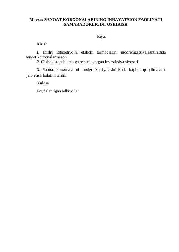 SANOAT KORXONALARINING INNAVATSION FAOLIYATI SAMARADORLIGINI OSHIRISH