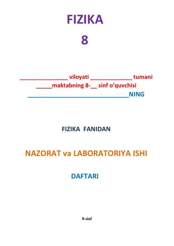 8-sinf Nazorat ishi va Laboratoriya ishi