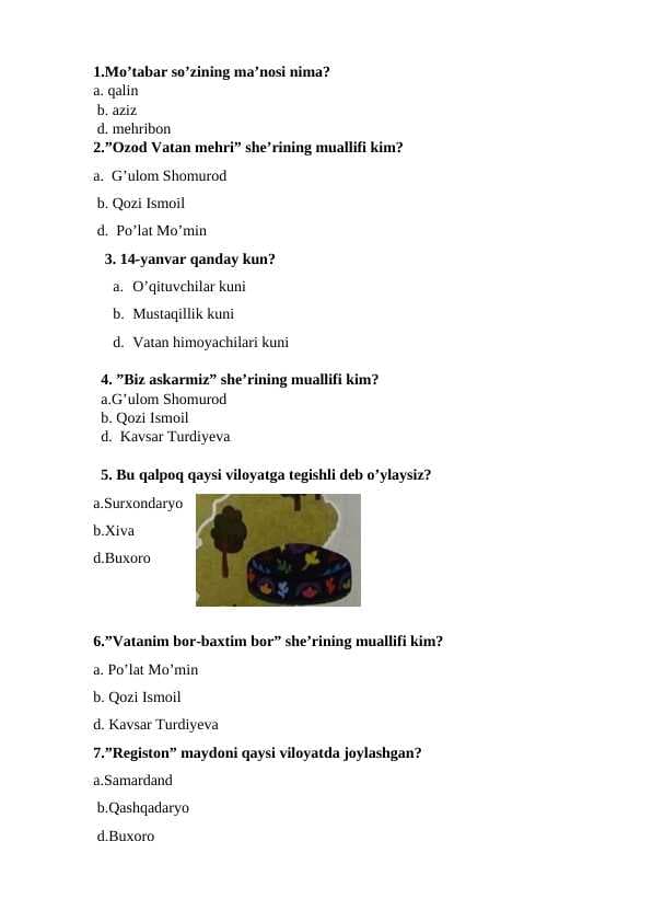 1-sinf nazorat test