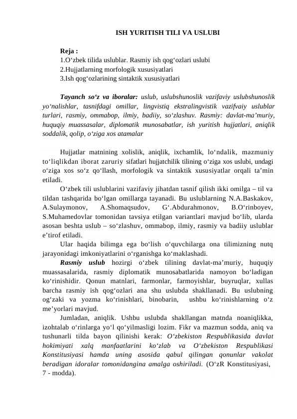 ISH YURITISH TILI VA USLUBI