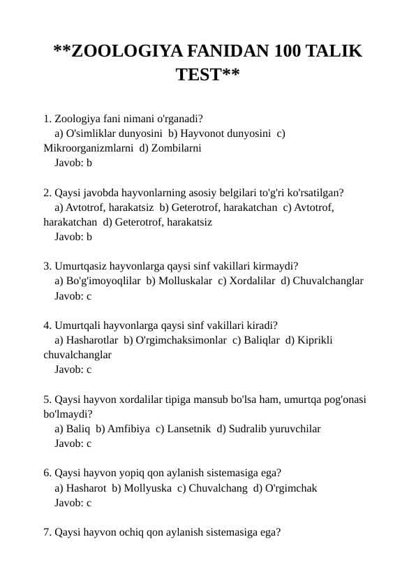 ZOOLOGIYA FANIDAN 100TA TEST