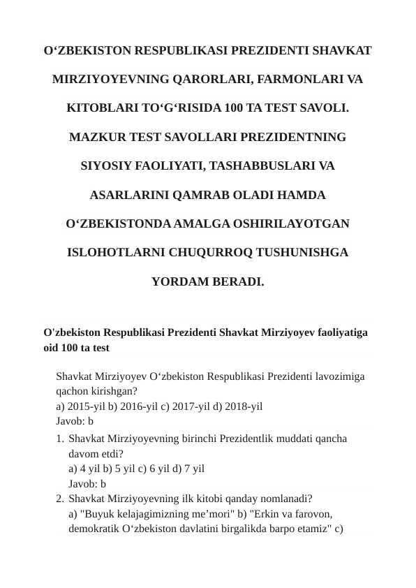 O'zbekiston Respublikasi Prezidenti Shavkat Mirziyoyev faoliyatiga oid 100 ta test