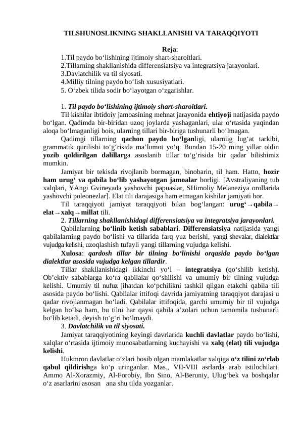 TILSHUNOSLIKNING SHAKLLANISHI VA TARAQQIYOTI