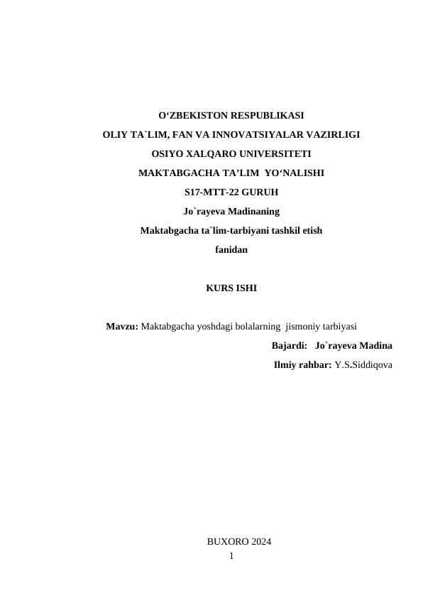 Maktabgacha yoshdagi bolalarning  jismoniy tarbiyasi