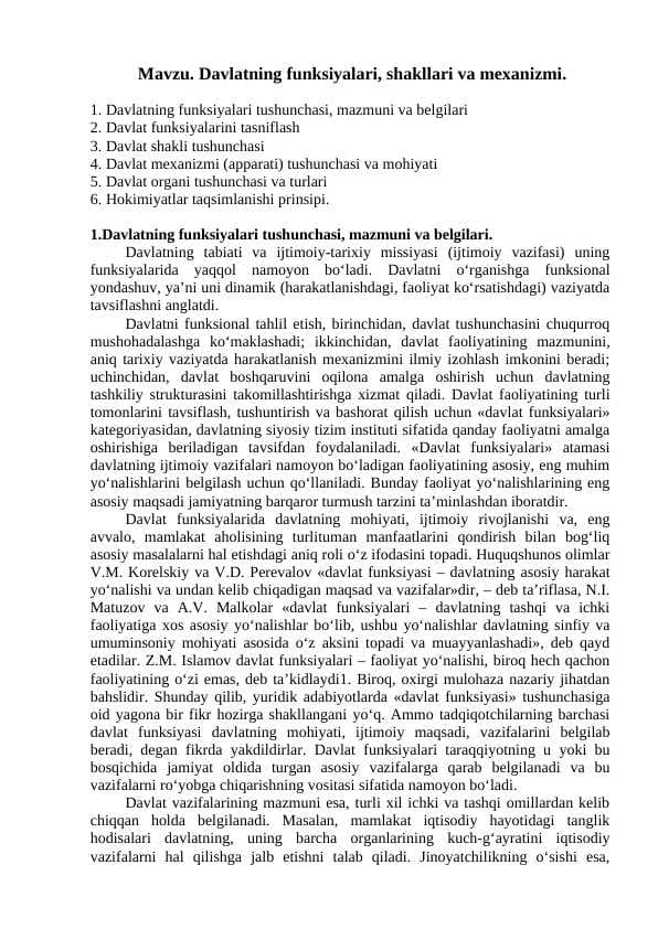 Davlatning funksiyalari, shakllari va mexanizmi