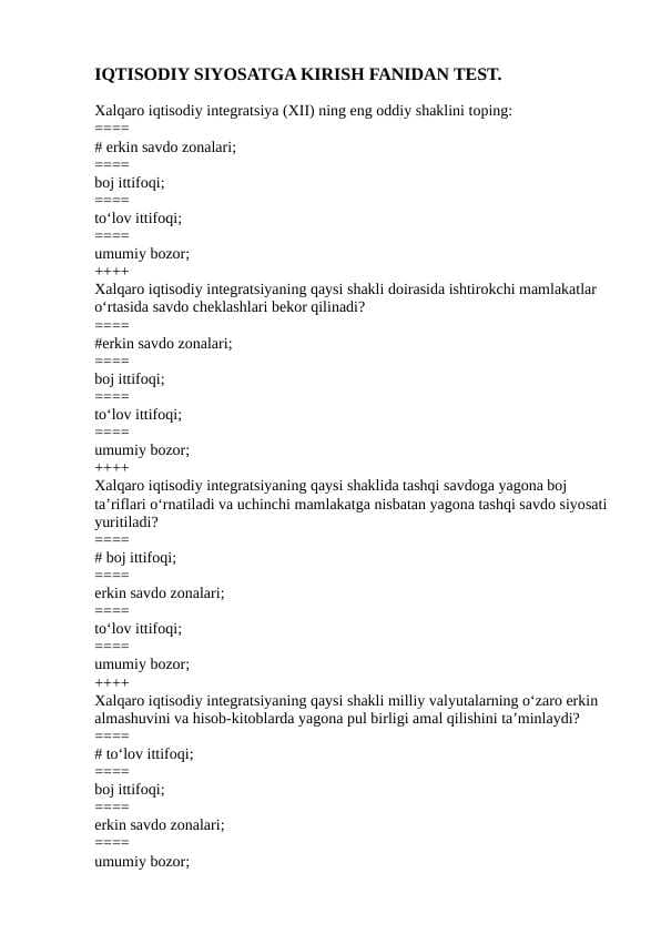 IQTISODIY SIYOSATGA KIRISH FANIDAN TEST.
