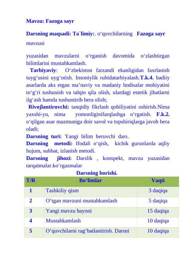 4-sinf o'qish dars ishlanma Fazoga sayr mavzusida