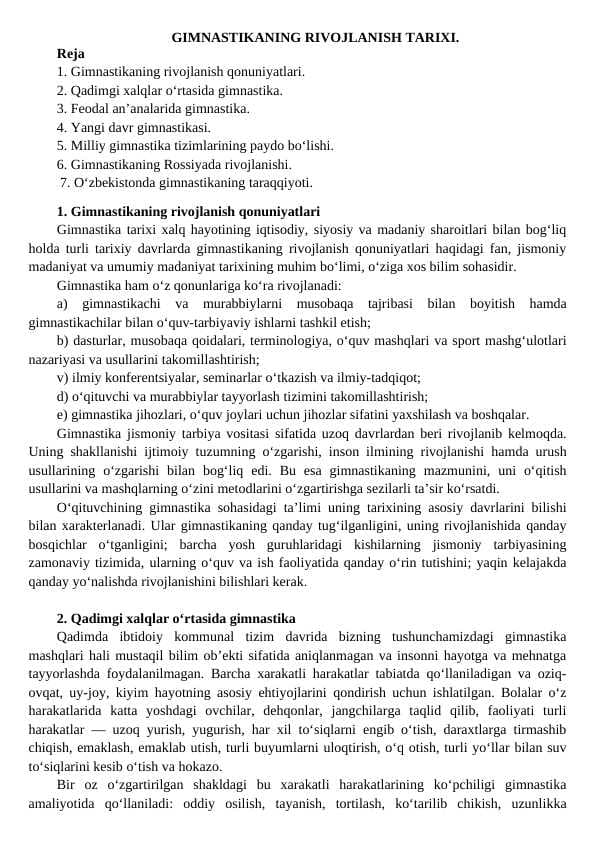 GIMNASTIKANING RIVOJLANISH TARIXI.