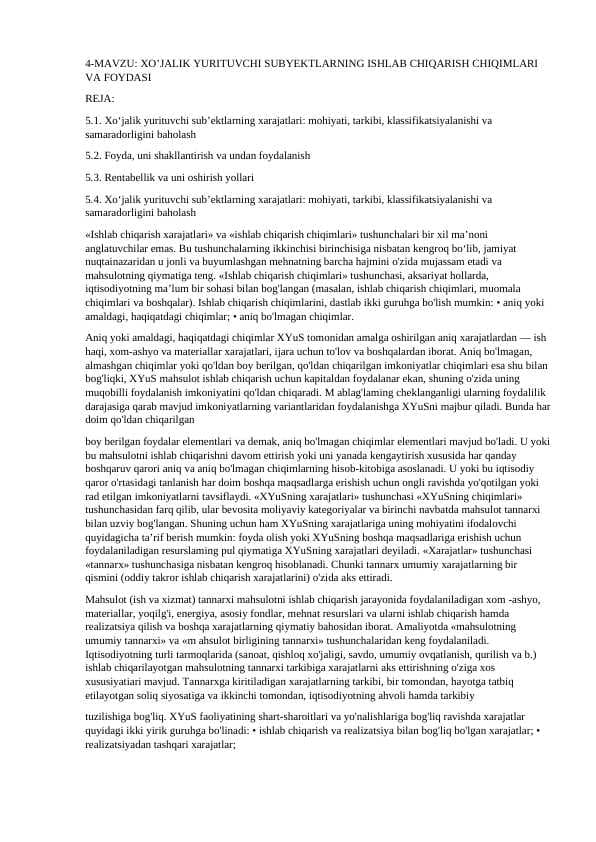 XYUS larning ishlab chiqarish chiqimlari va foydasi