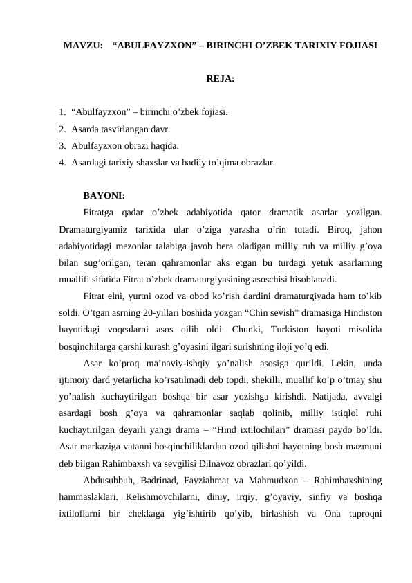 “ABULFAYZXON” – BIRINCHI O’ZBEK TARIXIY FOJIASI
