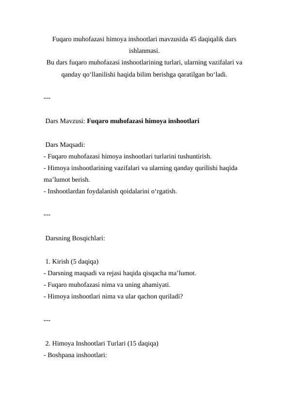Fuqaro muhofazasi himoya inshootlari ( Dars ishlanmasi )