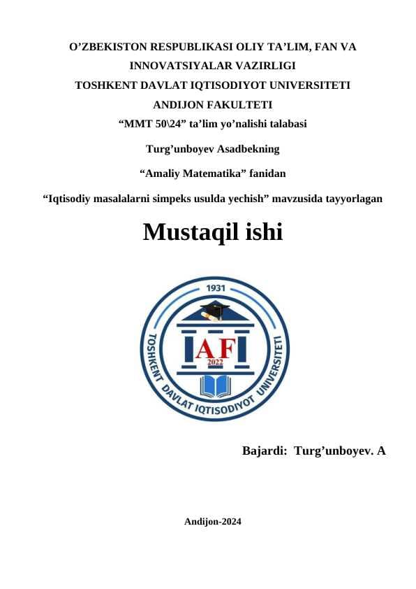 Iqtisodiy masalalarni simpleks usulda yechish
