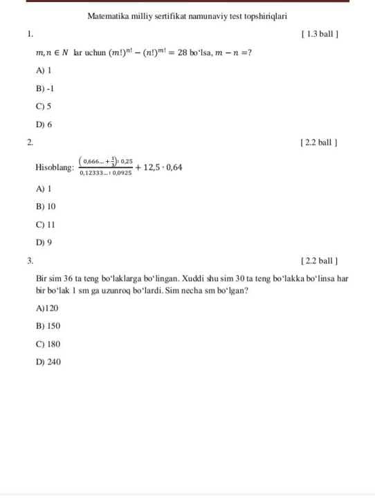 Matematika milliy sertifikat testlar