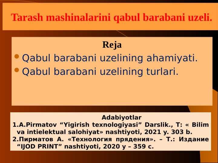 Tarash mashinalarini qabul barabani uzeli.