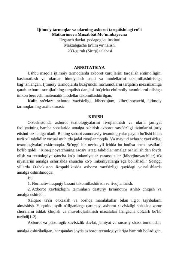 Ijtimoiy tarmoqlar va ularning axborot tarqatishdagi roʻli Esse