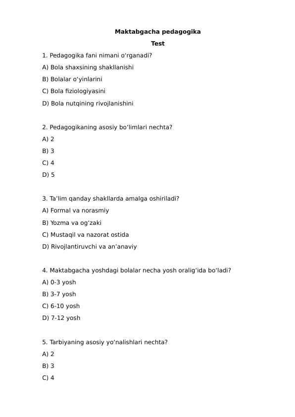 Maktabgacha pedagogika || Test