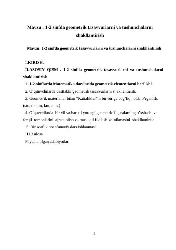 1-2 sinfda geometrik tasavvurlarni va tushunchalarni shakllantirish