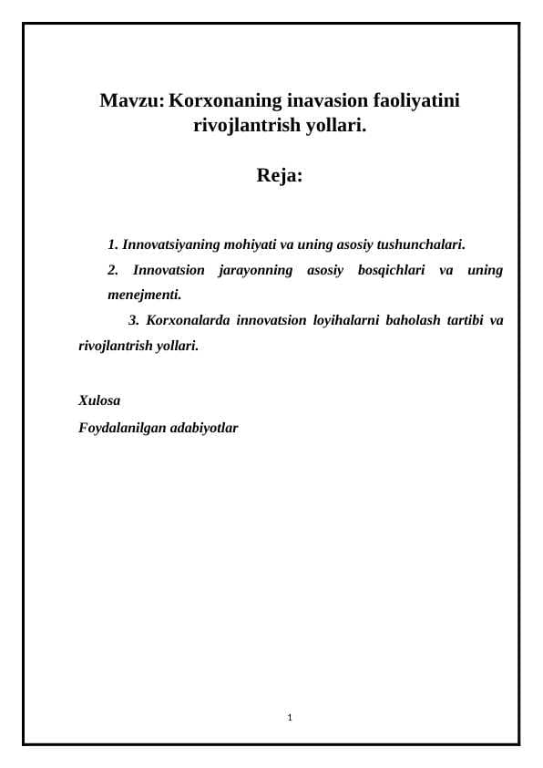 Korxonaning inavasion faoliyatini rivojlantrish yollari.