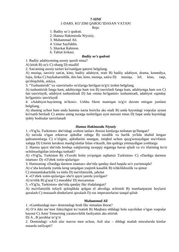 7-sinflar uchun adabiyot fanidan test savollari  javoblari bilan