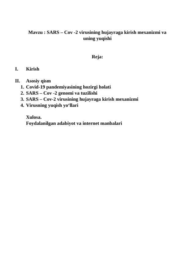 SARS – Cov -2 virusining hujayraga kirish mexanizmi va uning yuqishi