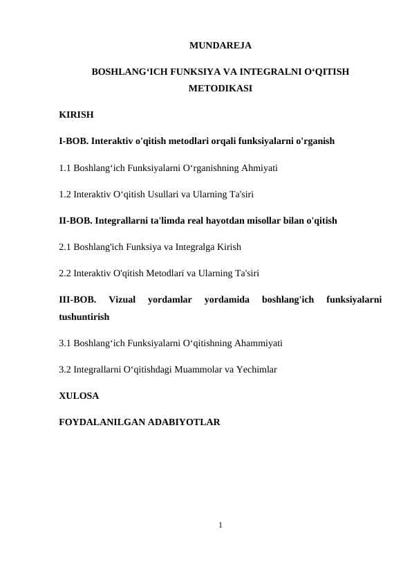BOSHLANGʻICH FUNKSIYA VA INTEGRALNI OʻQITISH METODIKASI