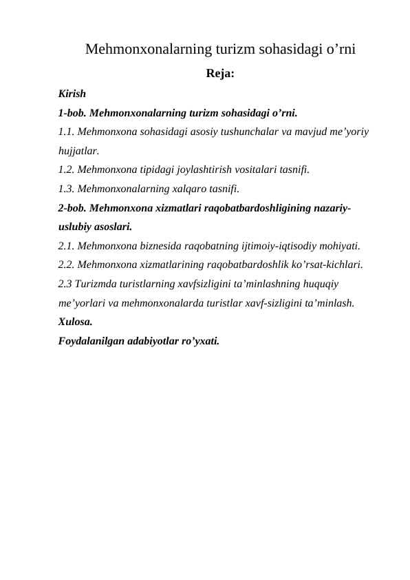 Меhmonxonalarning turizm sohasidagi o’rni