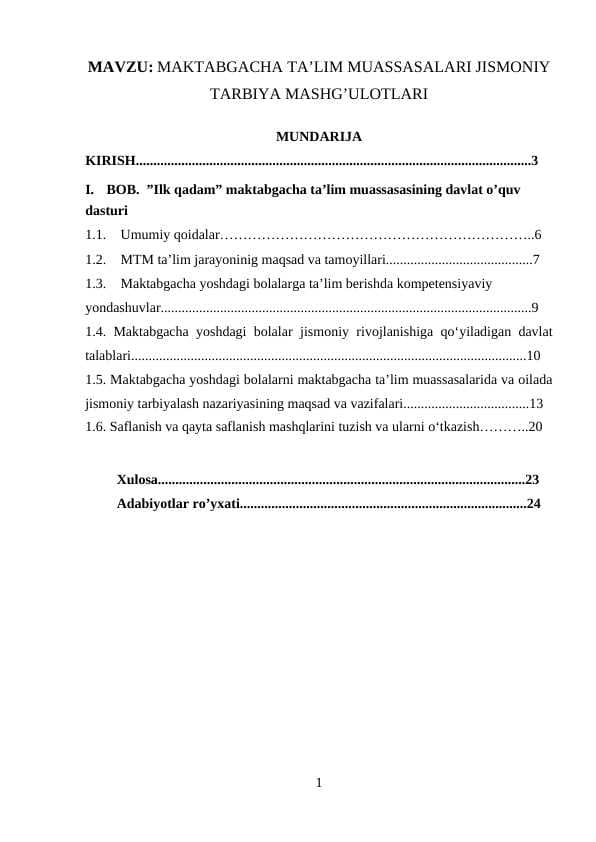 MAKTABGACHA TA’LIM MUASSASALARI JISMONIY TARBIYA MASHG’ULOTLARI