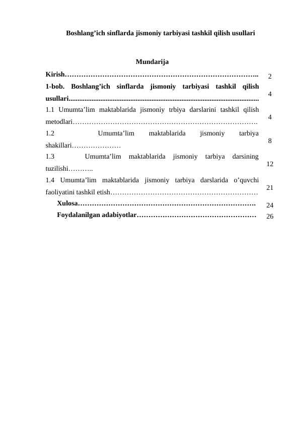 Boshlang’ich sinflarda jismoniy tarbiyasi tashkil qilish usullari