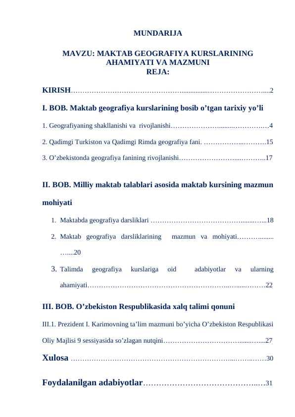 MAKTAB GEOGRAFIYA KURSLARINING AHAMIYATI VA MAZMUNI