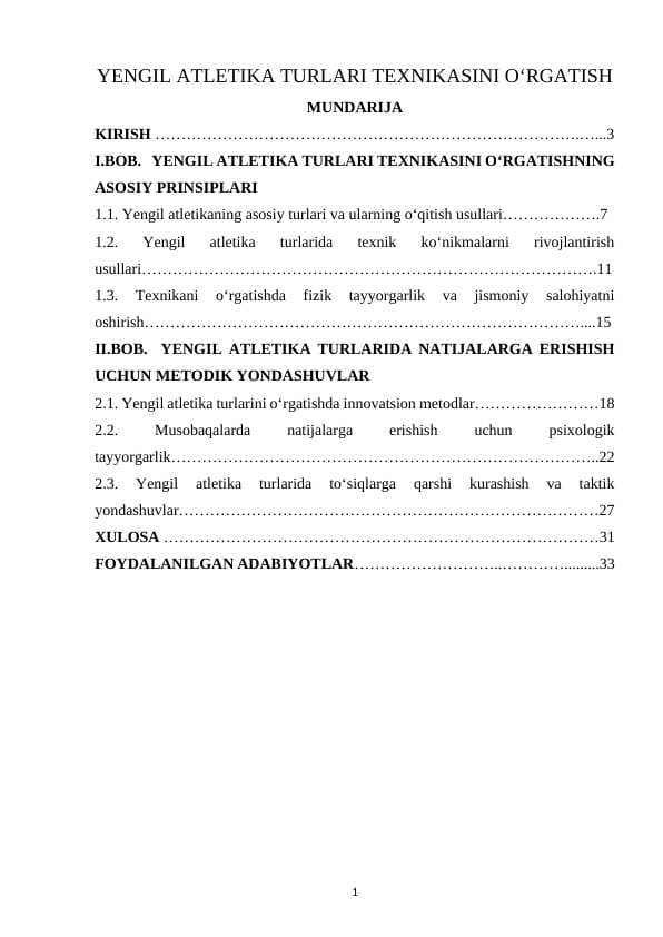 YENGIL ATLETIKA TURLARI TEXNIKASINI O‘RGATISH