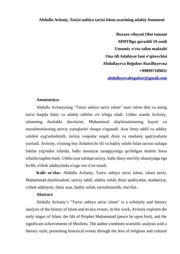 Abdulla Avloniy, Tarixi anbiyo tarixi islom asarining adabiy fenomeni