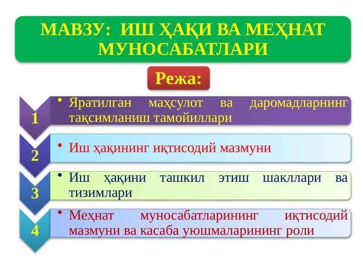 ИШ ҲАҚИ ВА МЕҲНАТ МУНОСАБАТЛАРИ