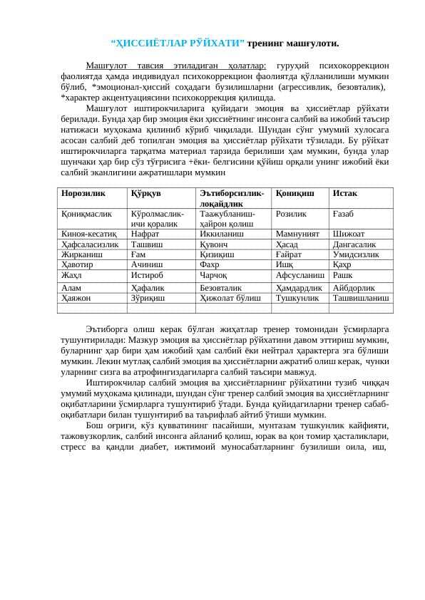 Hissiyotlar ro'yxati trening mashg'uloti